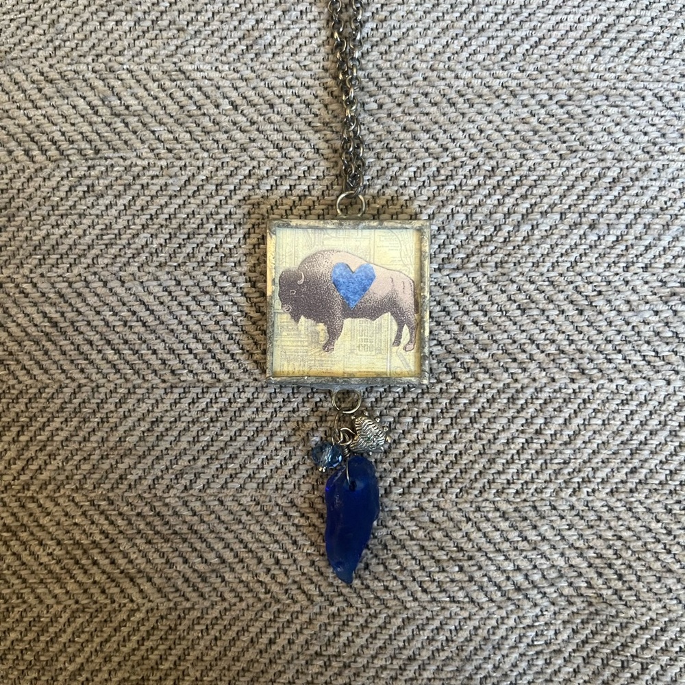 Handmade Buffalo Pendant Necklace with Blue Heart & Lake Erie Beach Glass